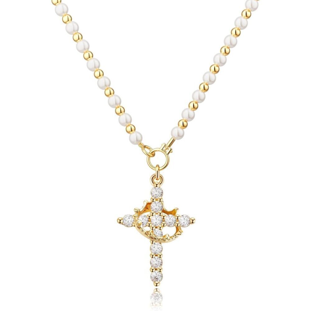 Crown Cross Necklace for Women 14K Gold Silver Plated Faith Birthstone Gift